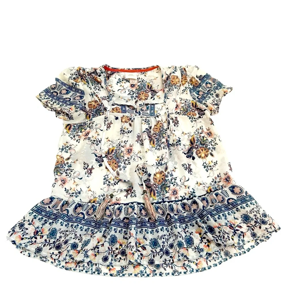 Knox Rose Small White Multicolor Floral Boho Peasant Tie Front Blouse